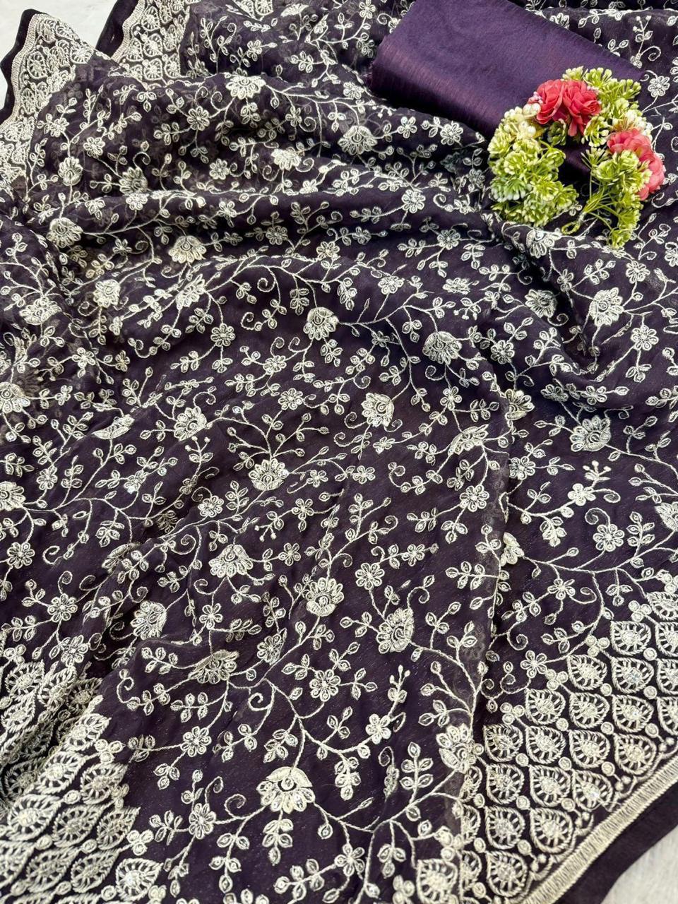 Chikankari Work Shimmer Silk Saree