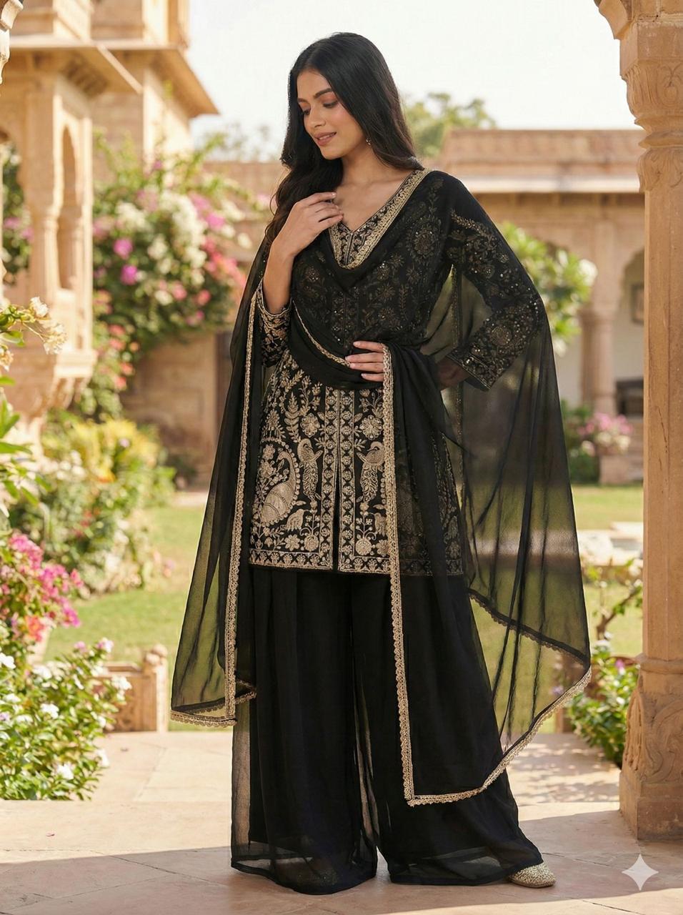 Heavy Faux Georgette Palazzo Set with elegant sequin embroidery