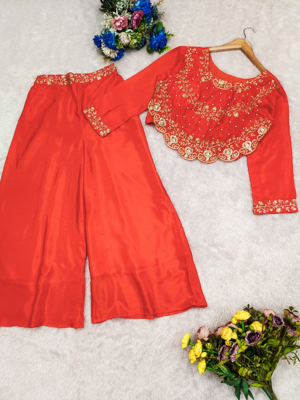 Chinon Silk Crop Top with Palazzo Pants