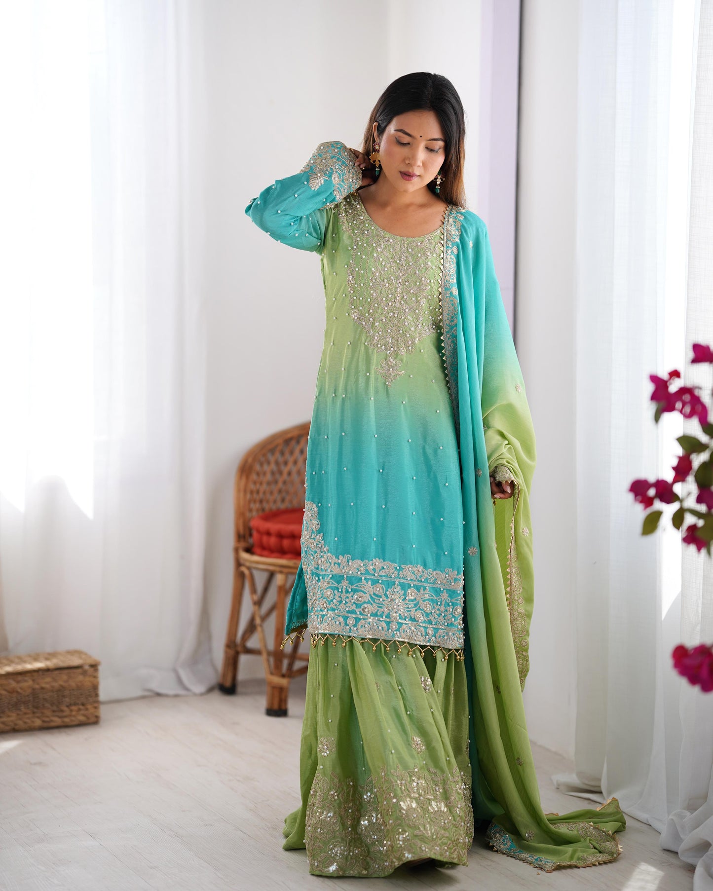 Designer Chinon rivet moti embroidery Palazzo Set ✨