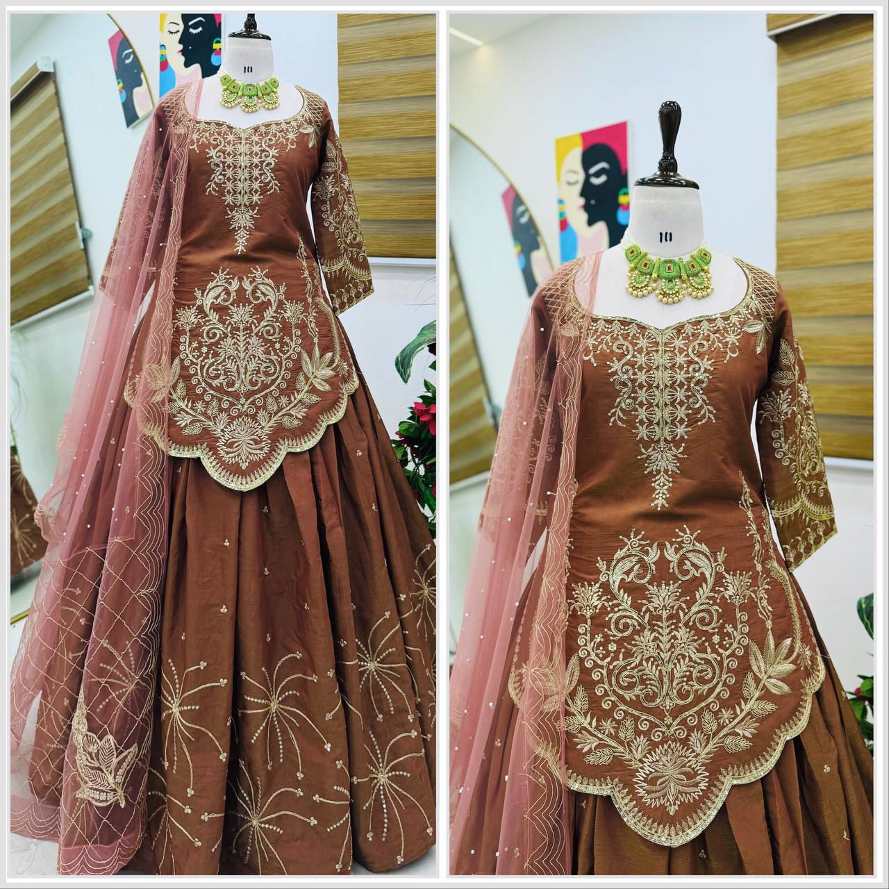Brown Simmer Silk Embroidery Detailing Lehenga