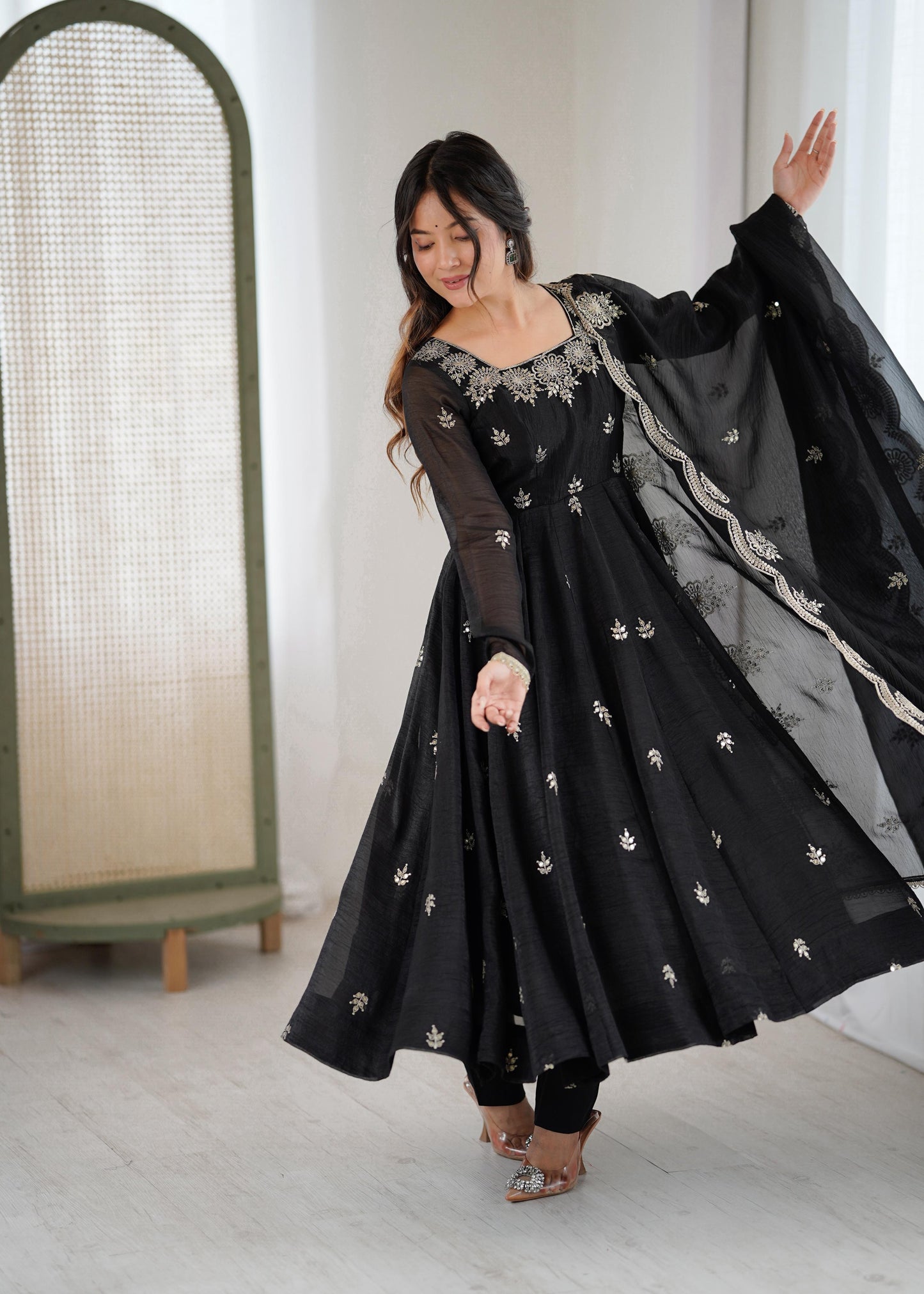 Crunchy Silk Embroidery Sequin Gown with Pants