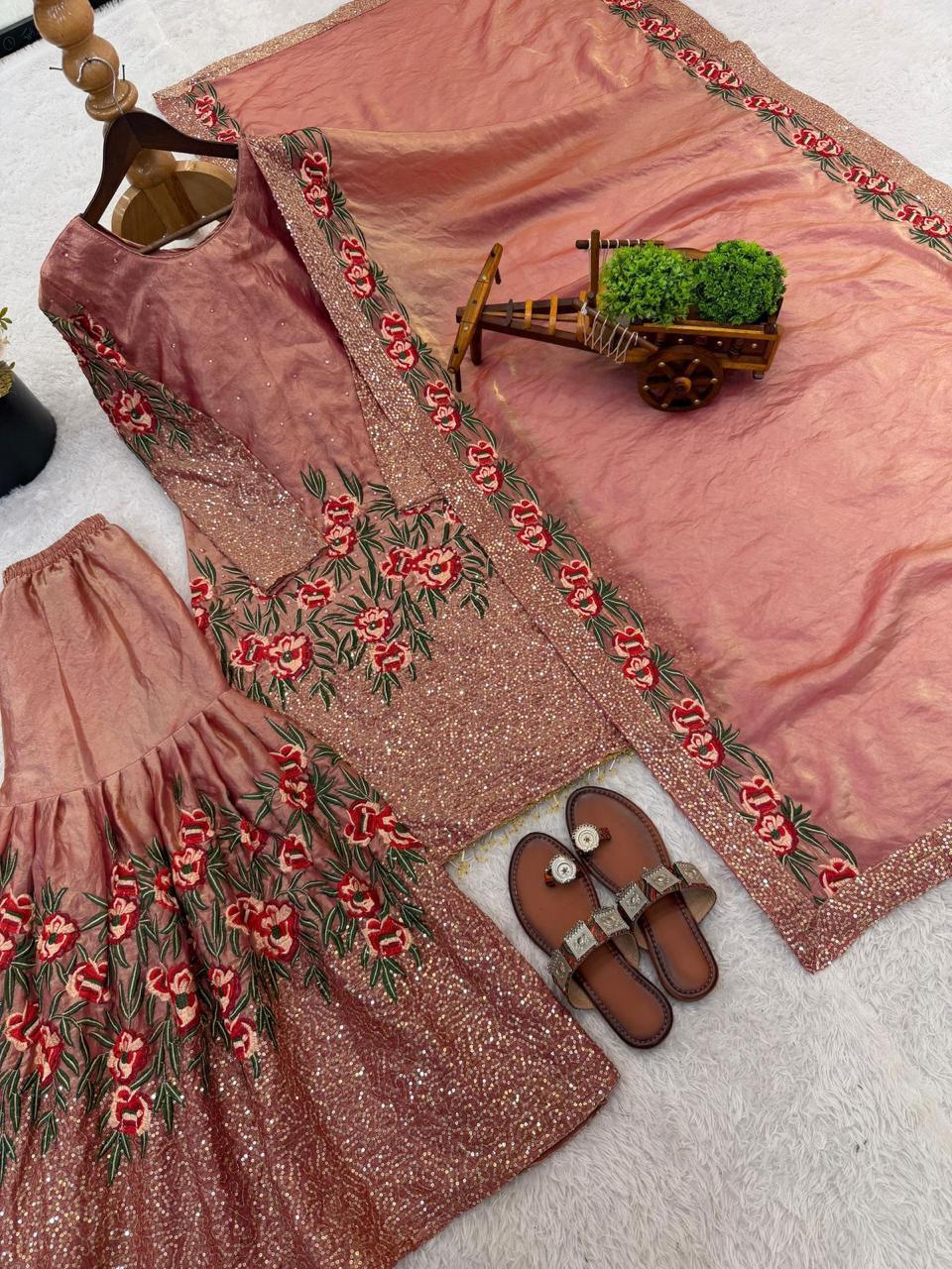 Fendy silk heavy embroidery sequin work Sharara Suit
