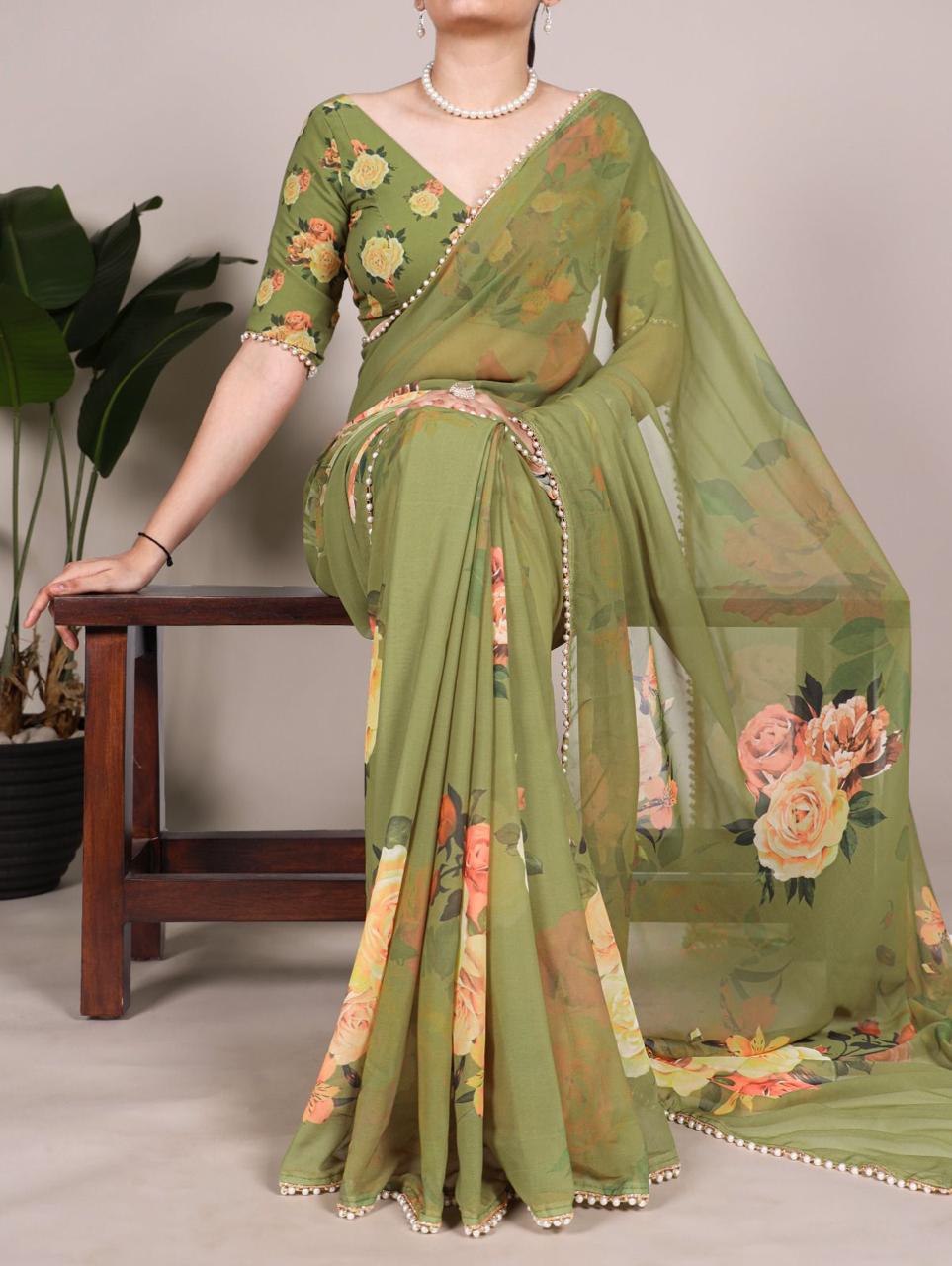 Elegant Georgette Printed Saree with Pearl Lace Border