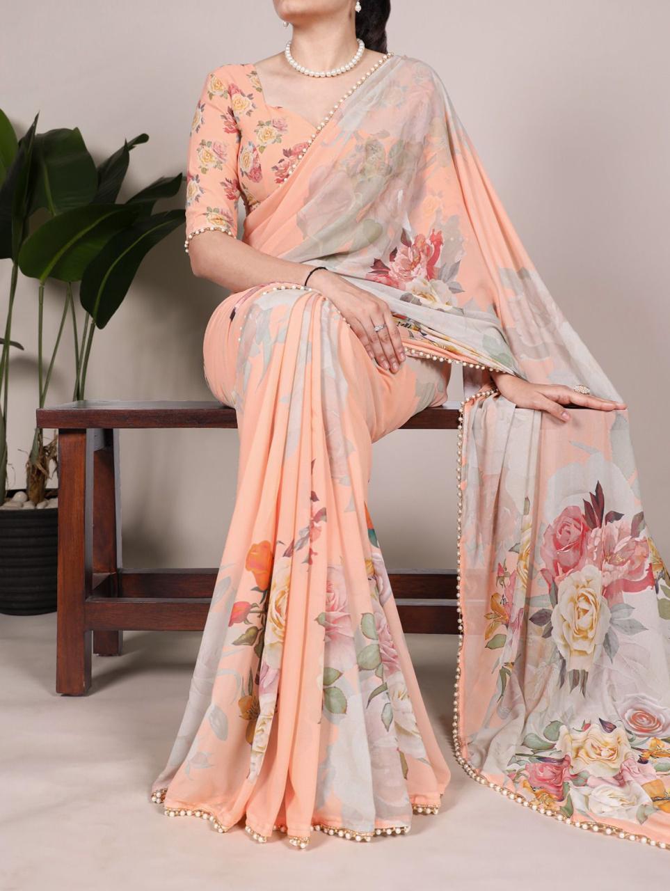 Elegant Georgette Printed Saree with Pearl Lace Border