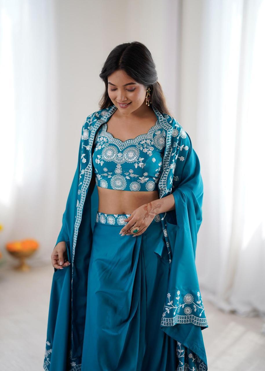 Blue French Crepe Dhoti with Shrug Set