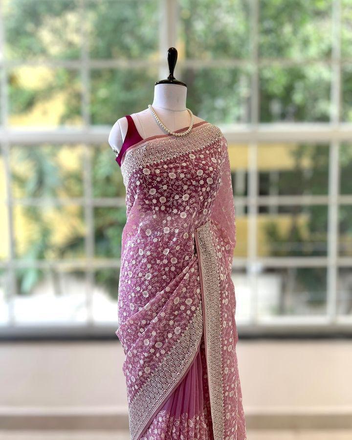 Chikankari Work Shimmer Silk Saree
