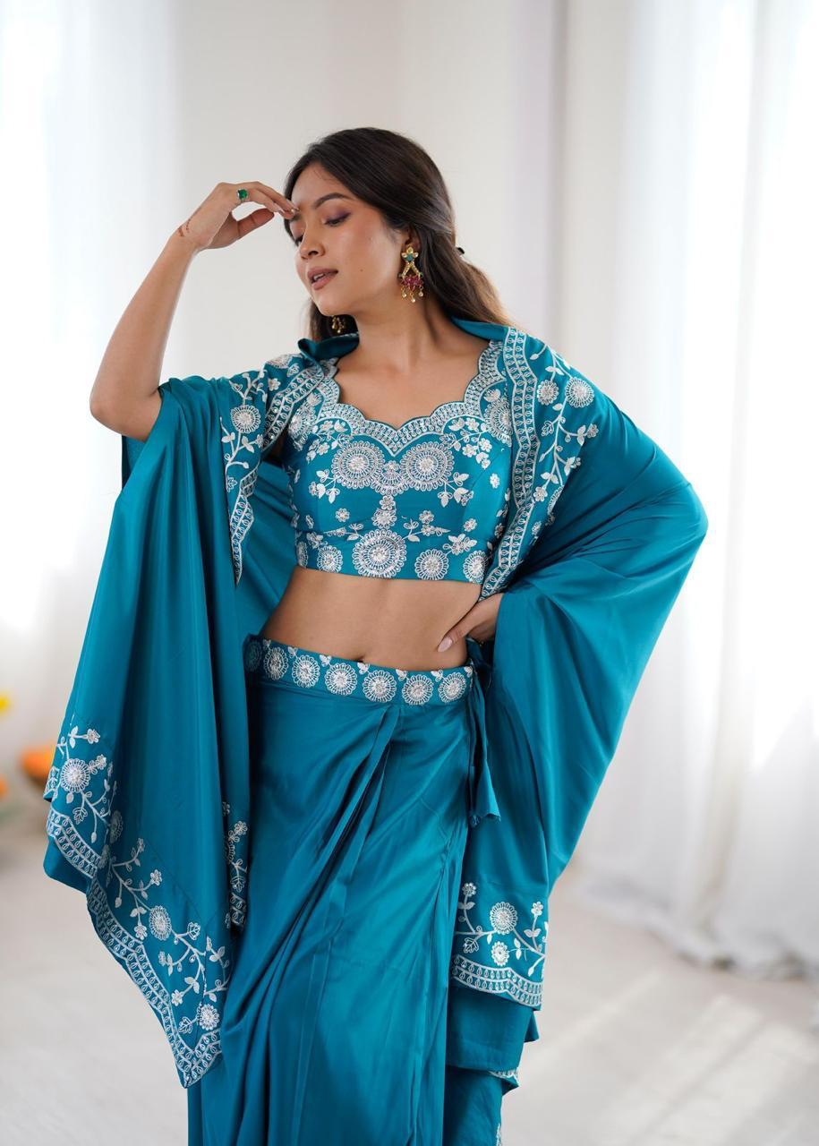 Blue French Crepe Dhoti with Shrug Set