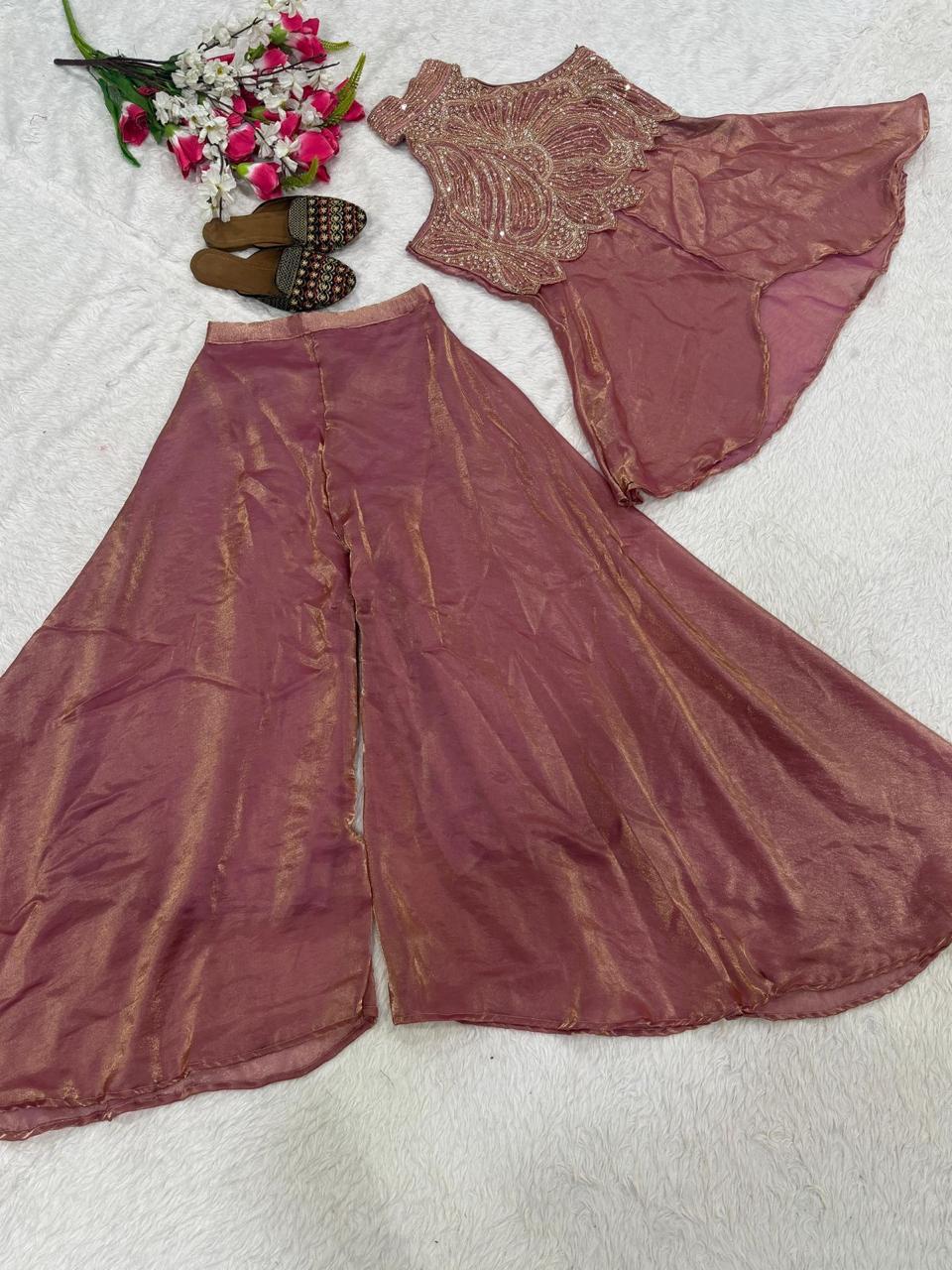 Full Neck Fendy Silk Top with Sharara Palazzo