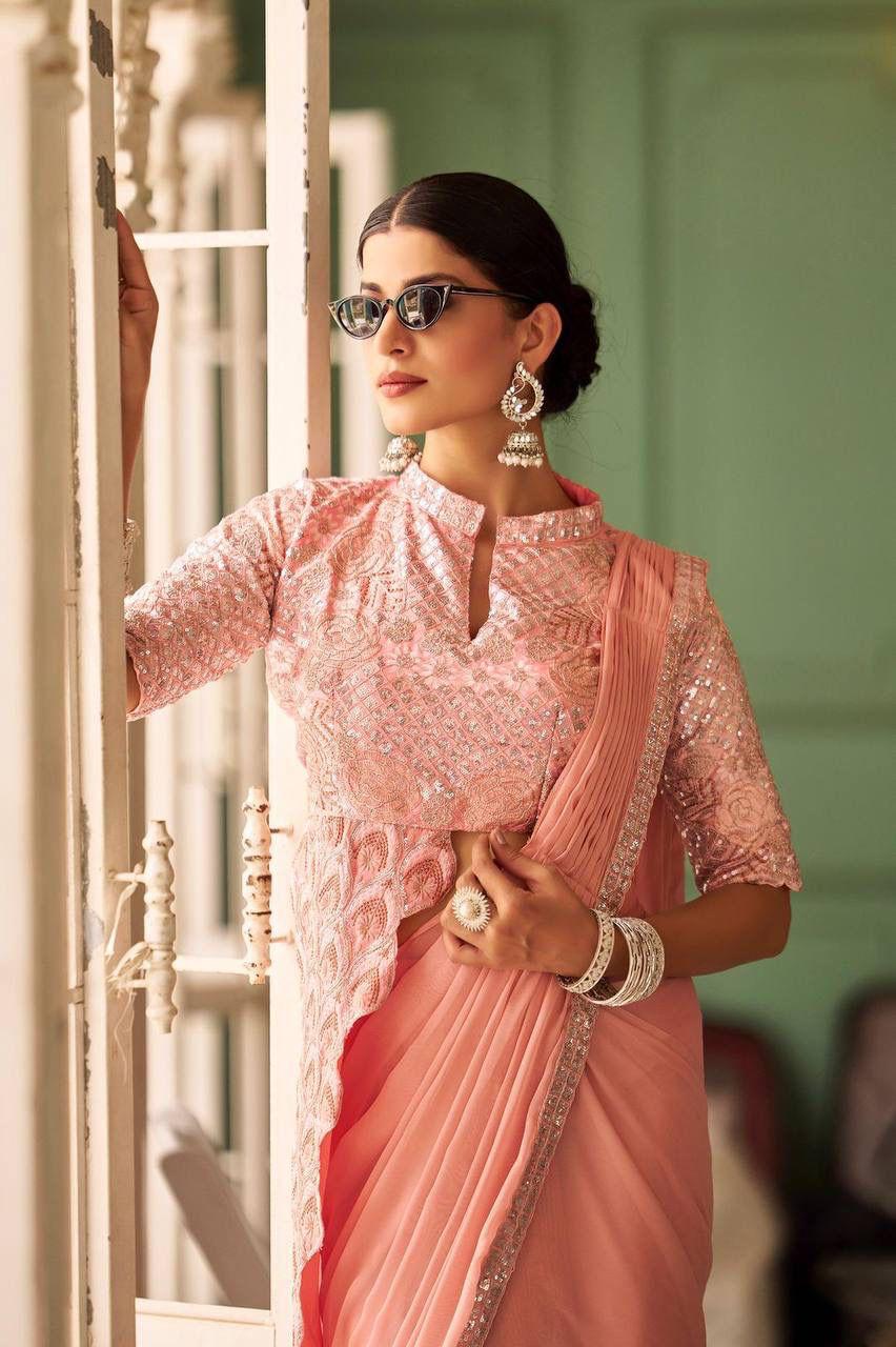 Peach Drape-Style Ready to Wear Saree with Heavy Embroidered Blouse