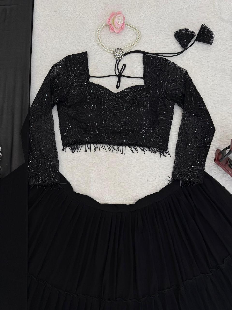 Black Faux Georgette Ruffle Pattern Lehenga