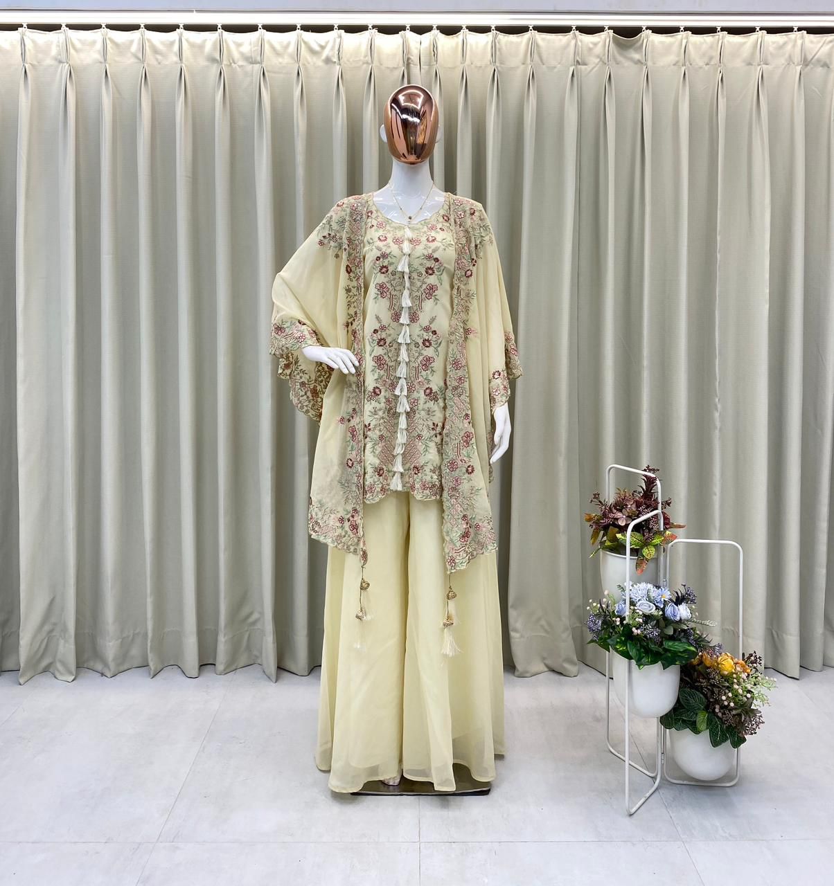 Designer Indo-Western Kurta Palazzo Set with Embroidered Shrug