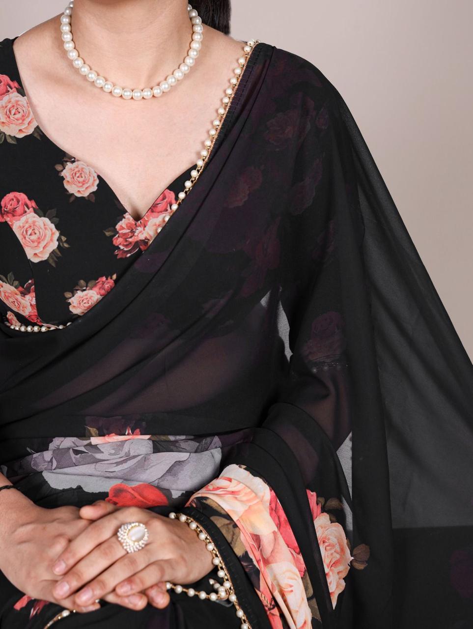 Elegant Georgette Printed Saree with Pearl Lace Border