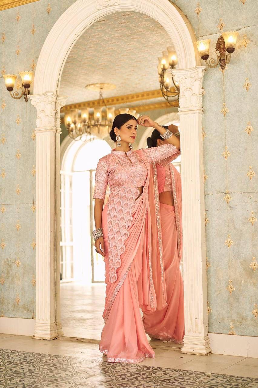 Peach Drape-Style Ready to Wear Saree with Heavy Embroidered Blouse