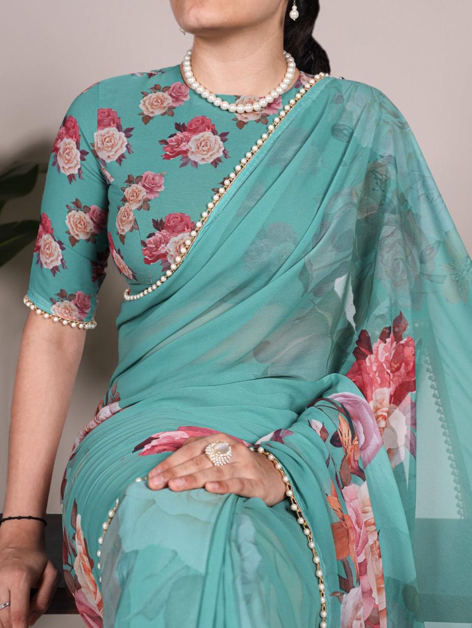 Elegant Georgette Printed Saree with Pearl Lace Border
