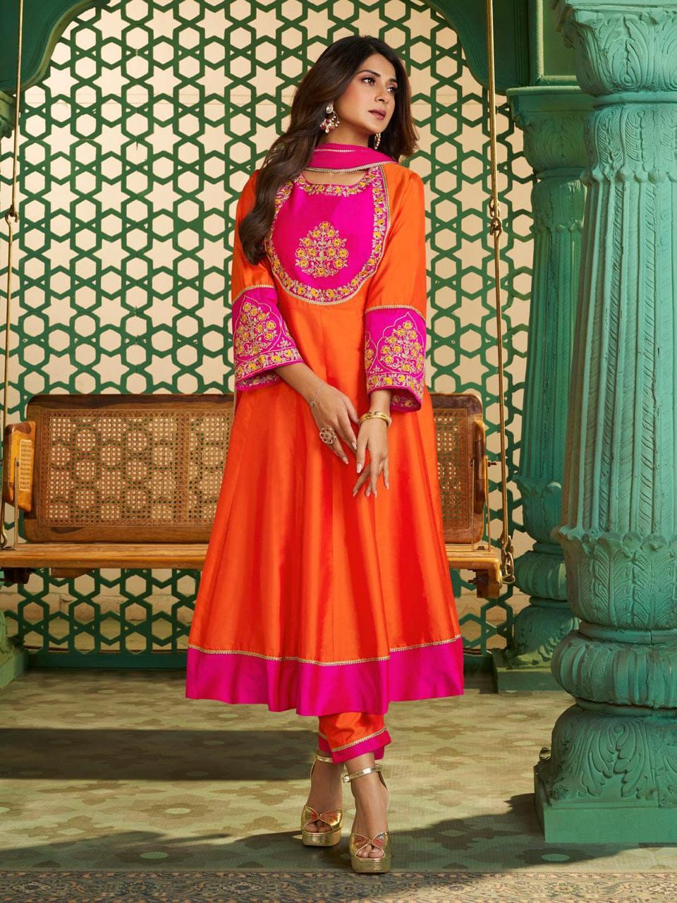 Viscose Chanderi Cotton Silk Anarkali Suit with Pants