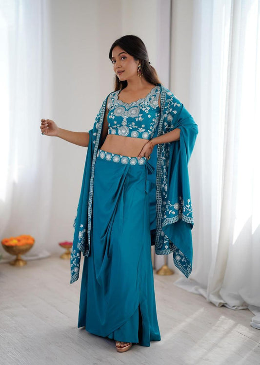 Blue French Crepe Dhoti with Shrug Set