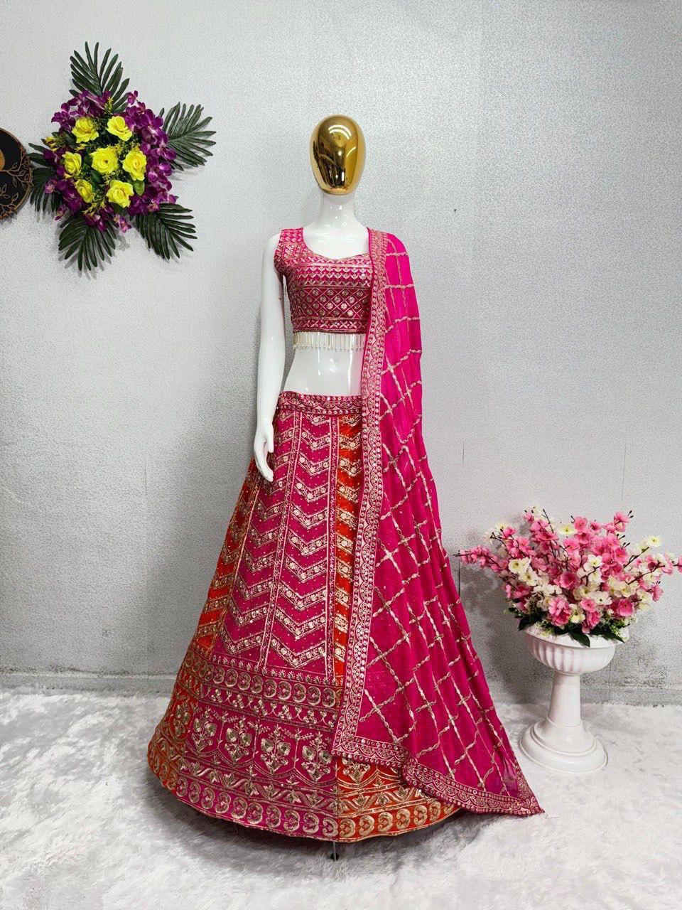 Orange Pink Faux Georgette Lehenga