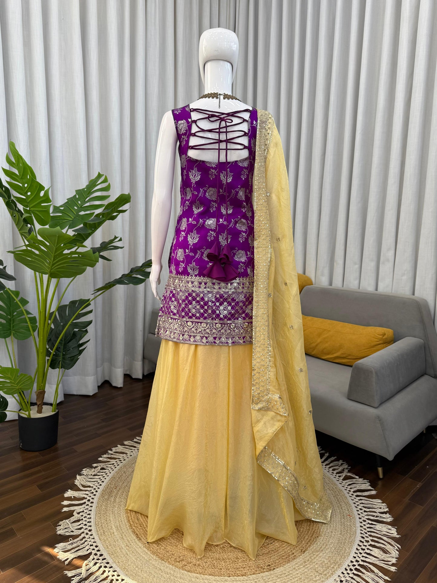Purple Jequard Suit with Golden Palazzo Pants