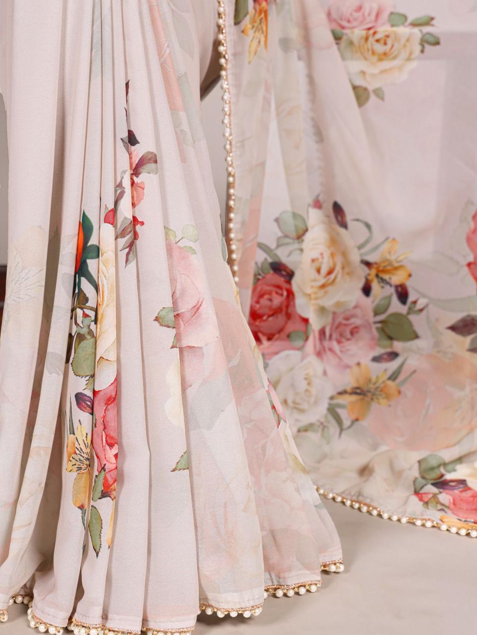 Elegant Georgette Printed Saree with Pearl Lace Border