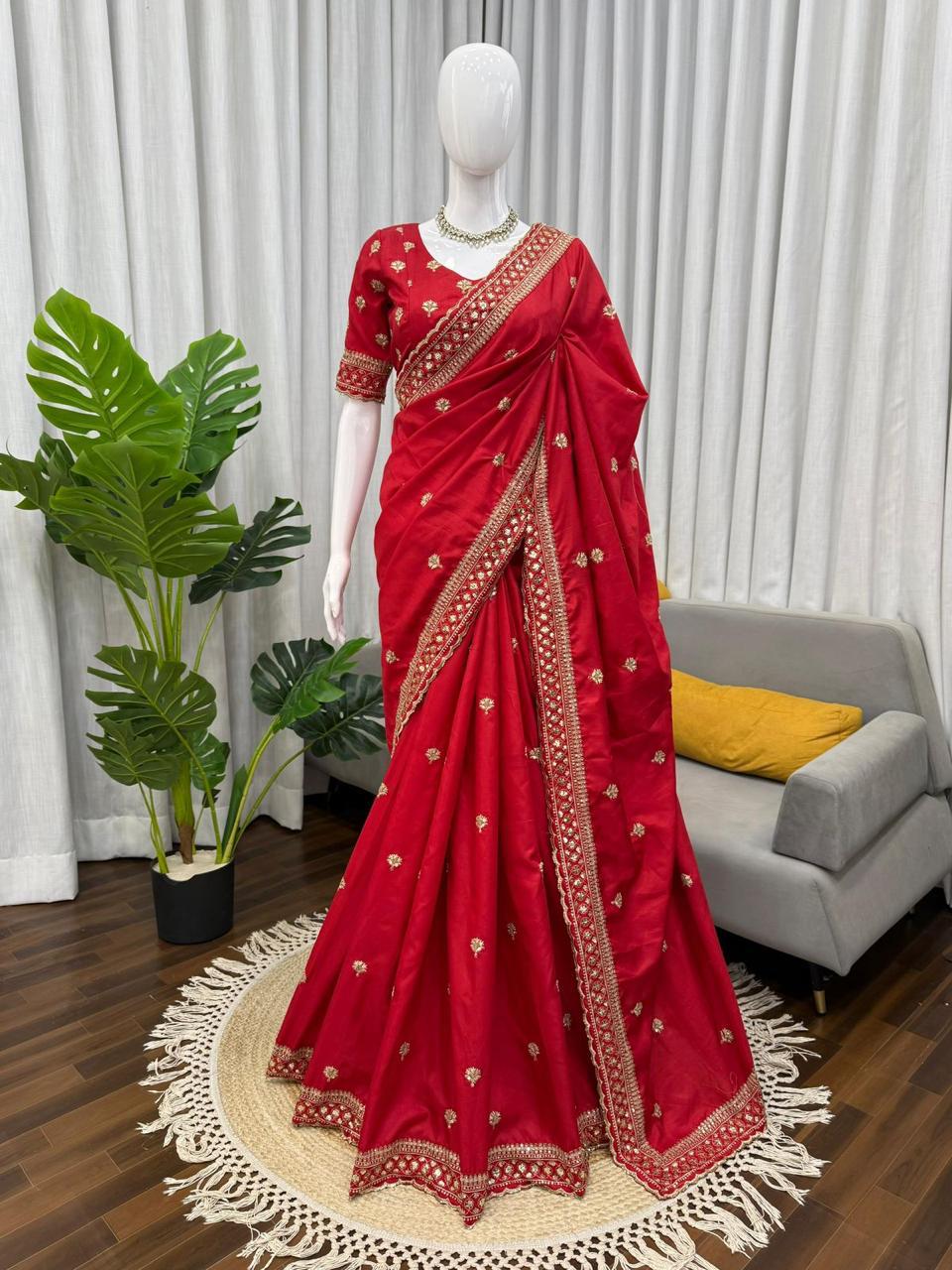 Red Jalpari Silk Saree with thread and Sequin Work