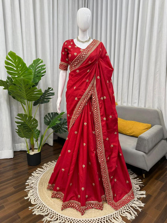 Red Jalpari Silk Saree with thread and Sequin Work
