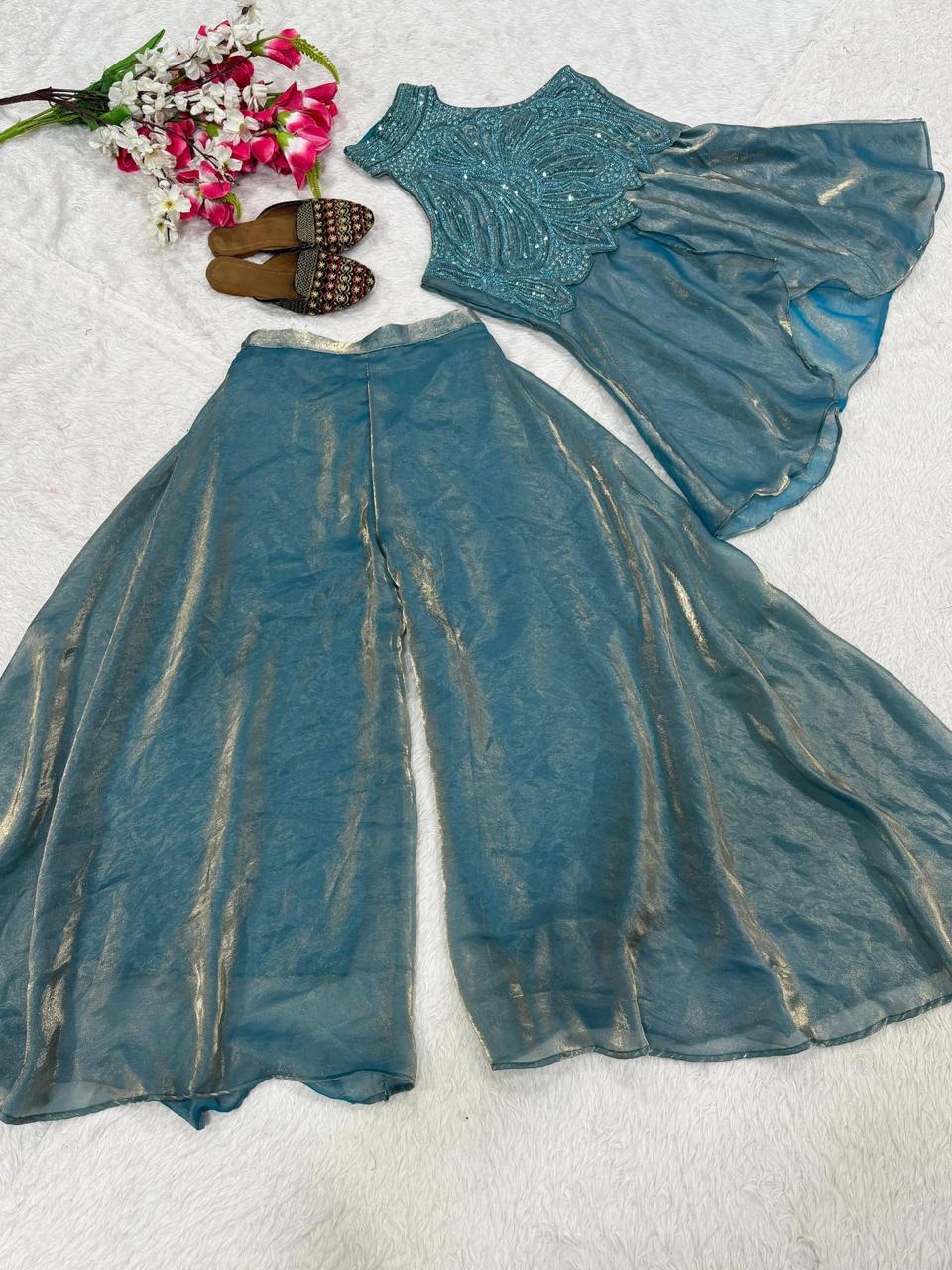 Full Neck Fendy Silk Top with Sharara Palazzo