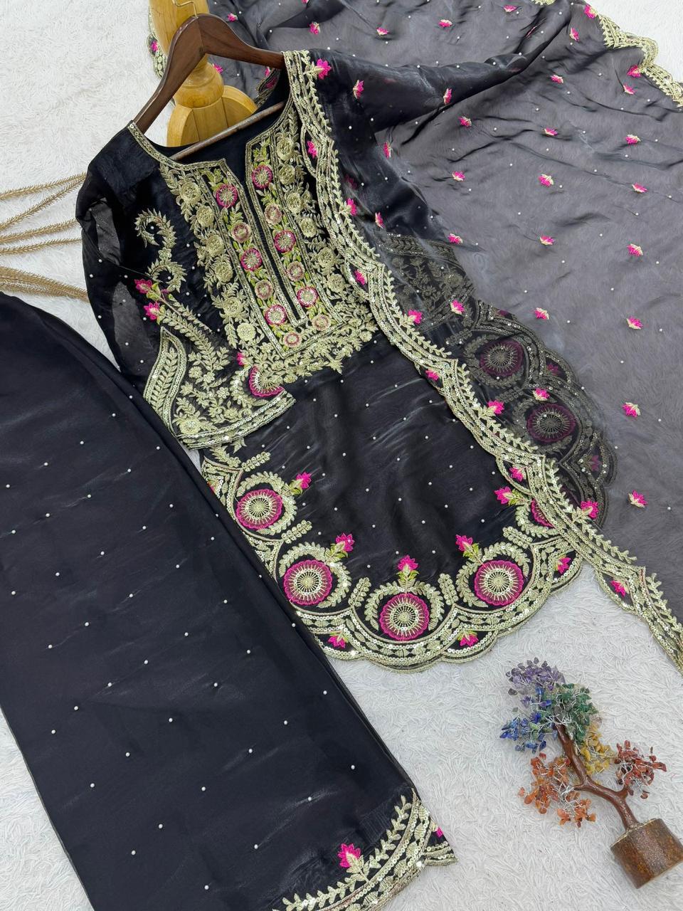 Black Silk Apple Cut Suit with Palazzo Pants