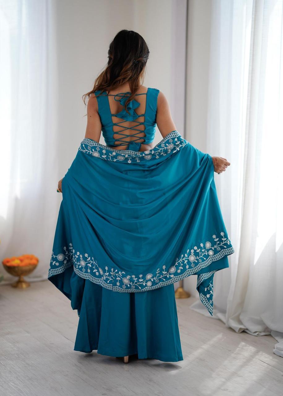 Blue French Crepe Dhoti with Shrug Set