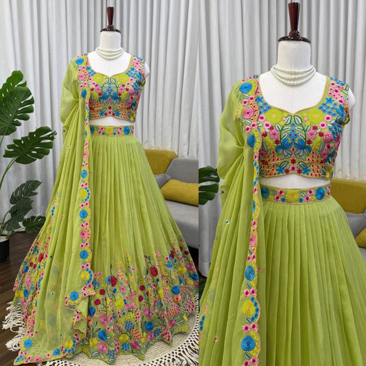 Green Tabby Organza Silk Lehenga with Floral Embroidery