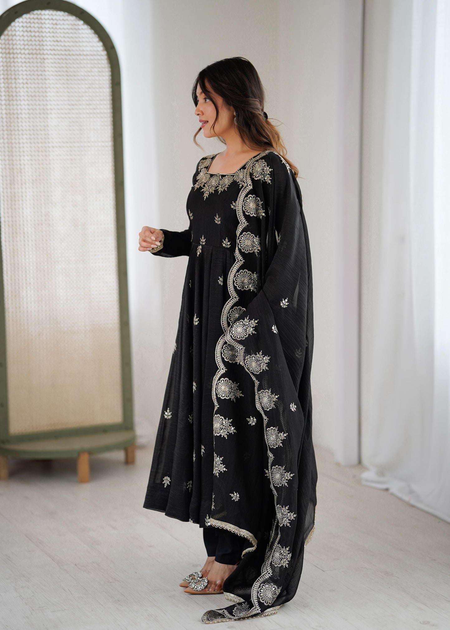 Crunchy Silk Embroidery Sequin Gown with Pants