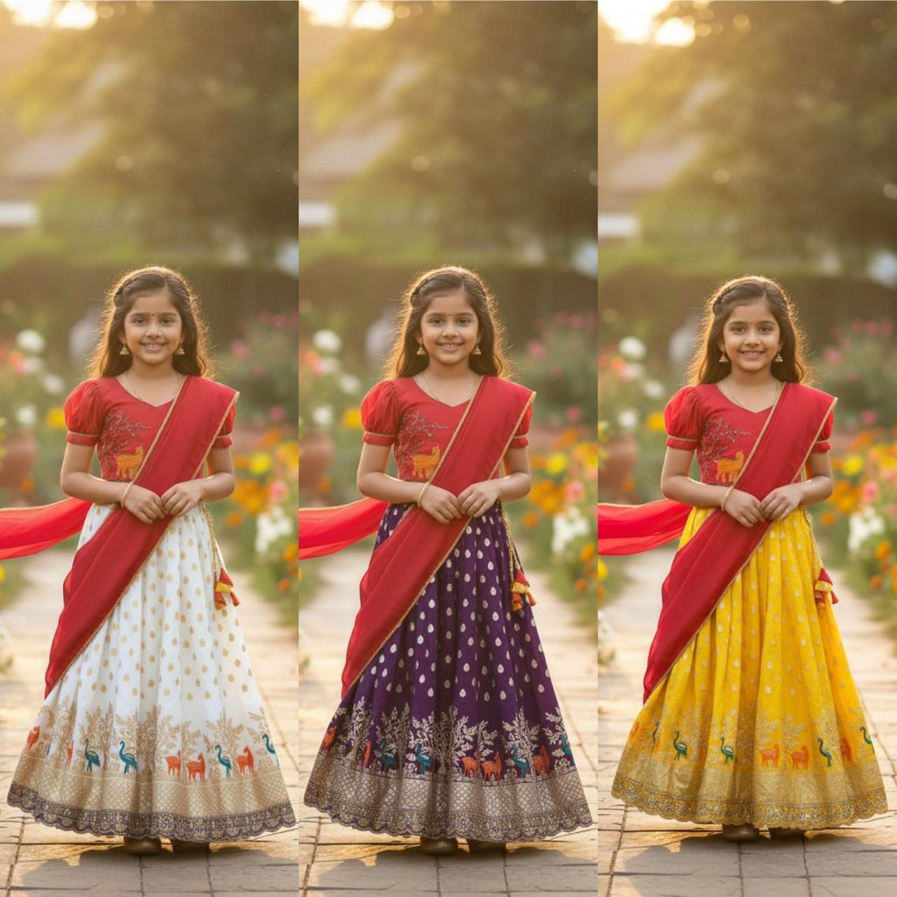 Girls Maggam work blouse paired with a golden zari pure tissue silk skirt