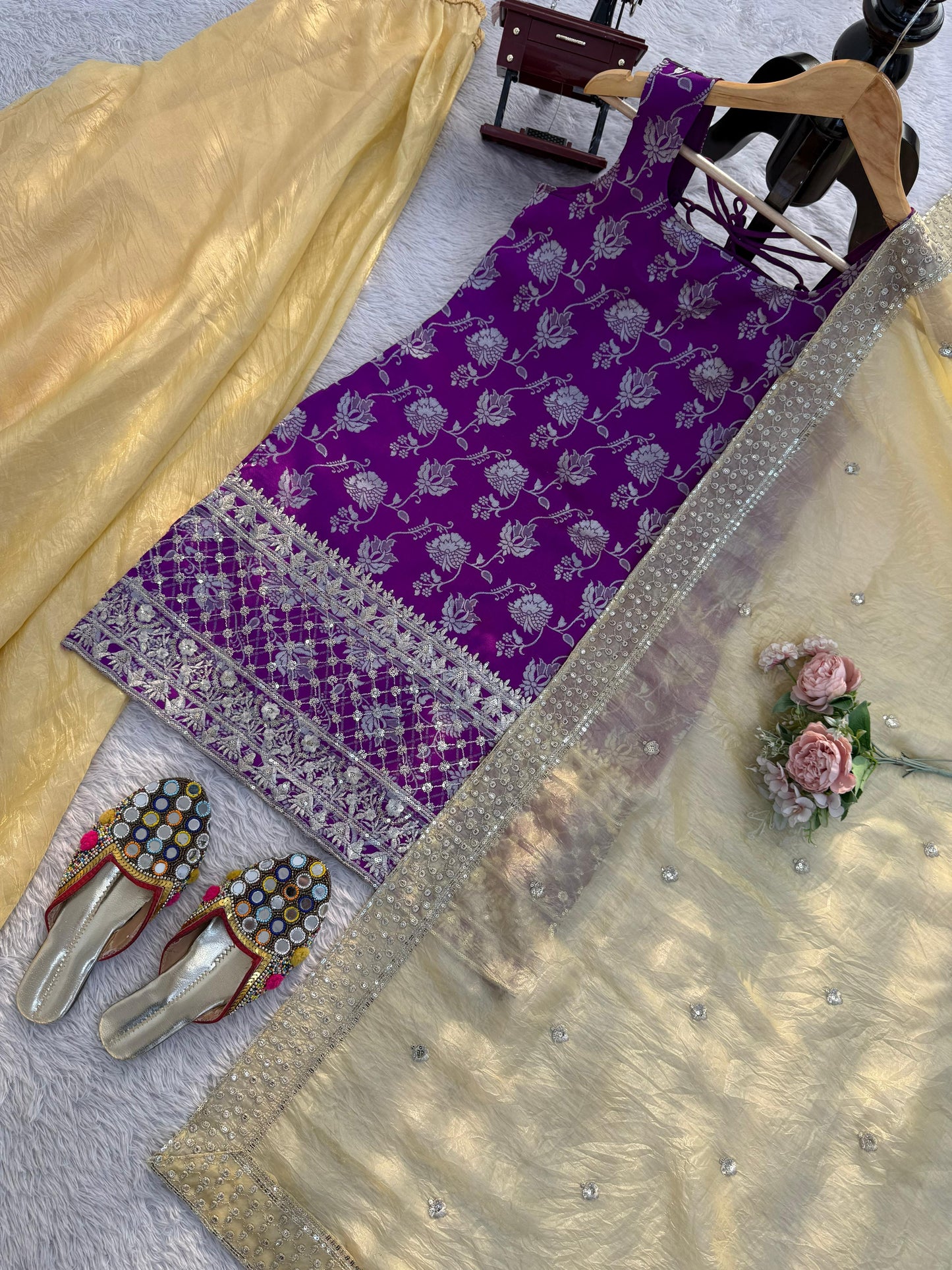 Purple Jequard Suit with Golden Palazzo Pants