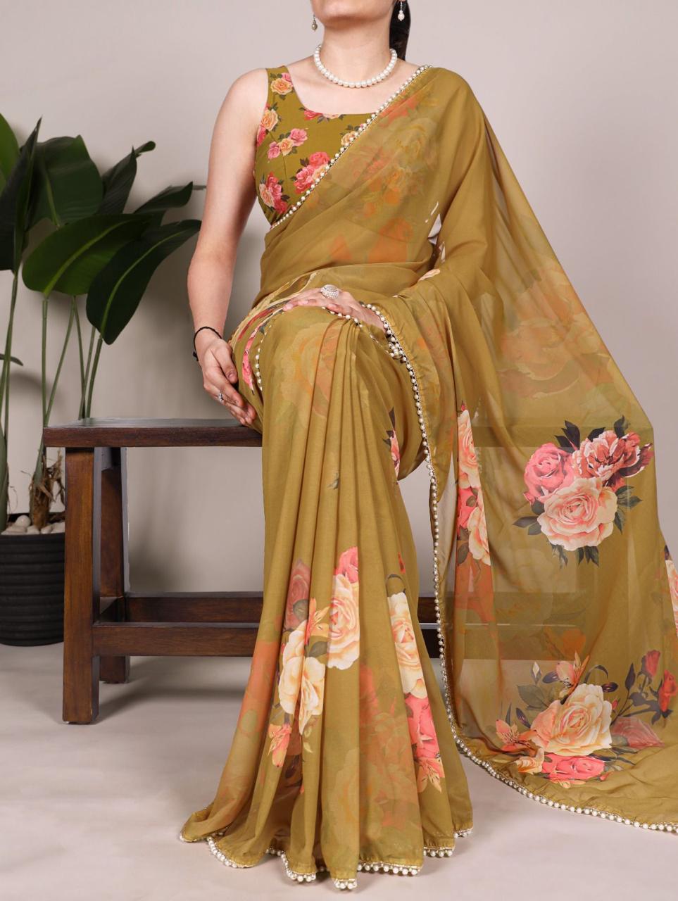 Elegant Georgette Printed Saree with Pearl Lace Border