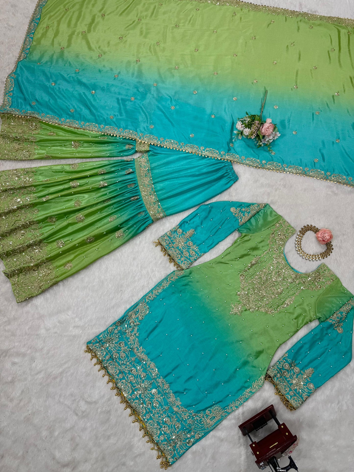 Designer Chinon rivet moti embroidery Palazzo Set ✨