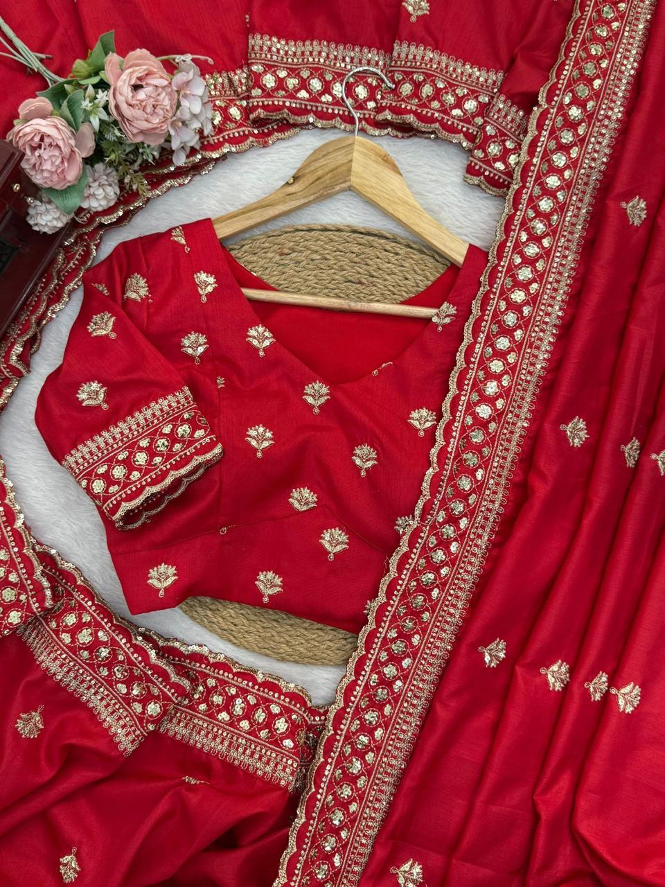 Red Jalpari Silk Saree with thread and Sequin Work