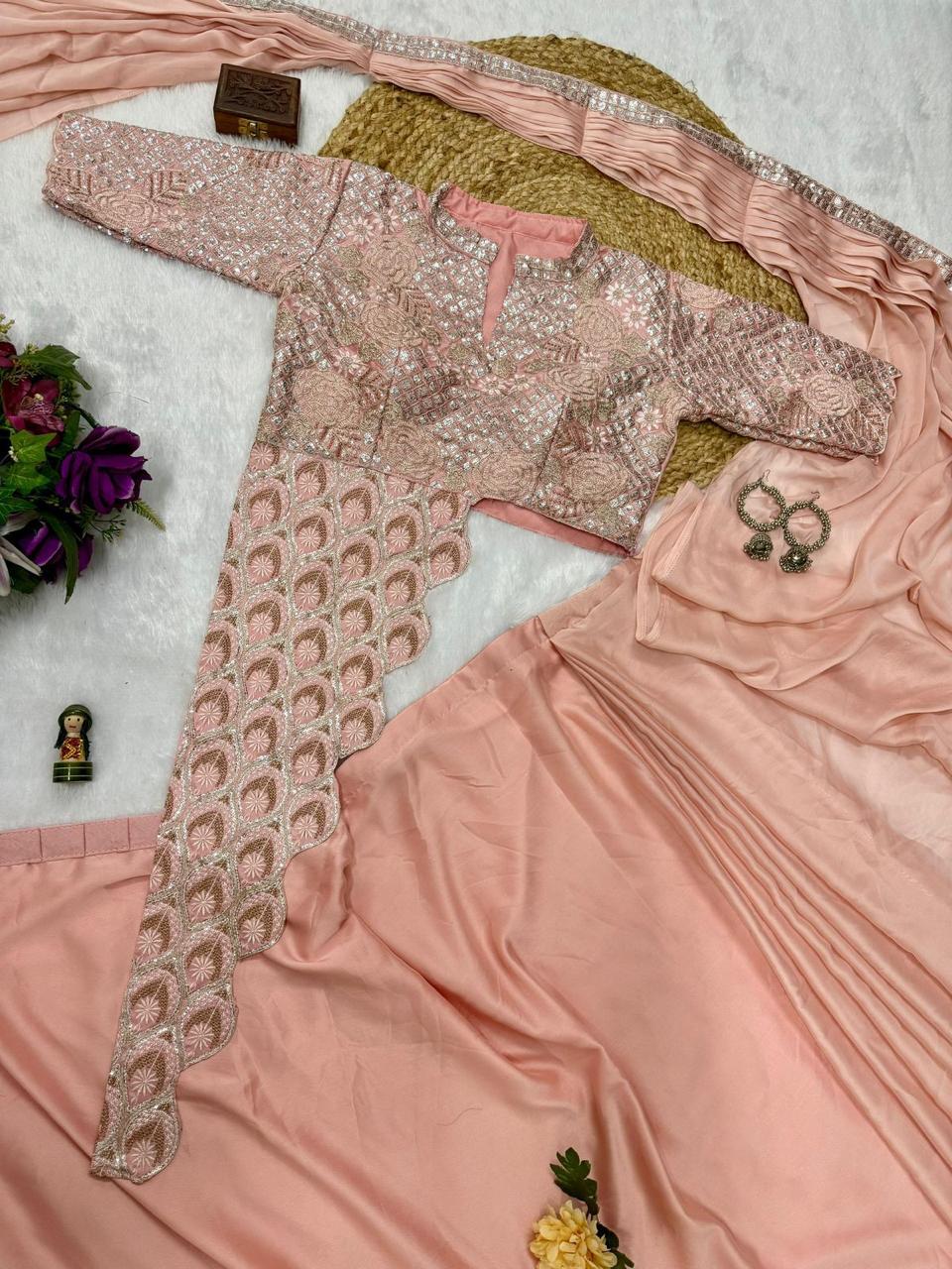 Peach Drape-Style Ready to Wear Saree with Heavy Embroidered Blouse