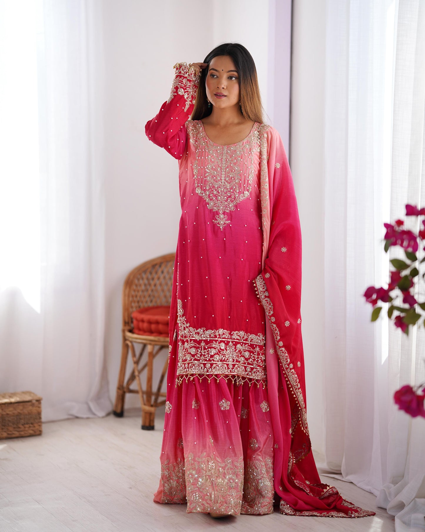 Designer Chinon rivet moti embroidery Palazzo Set ✨