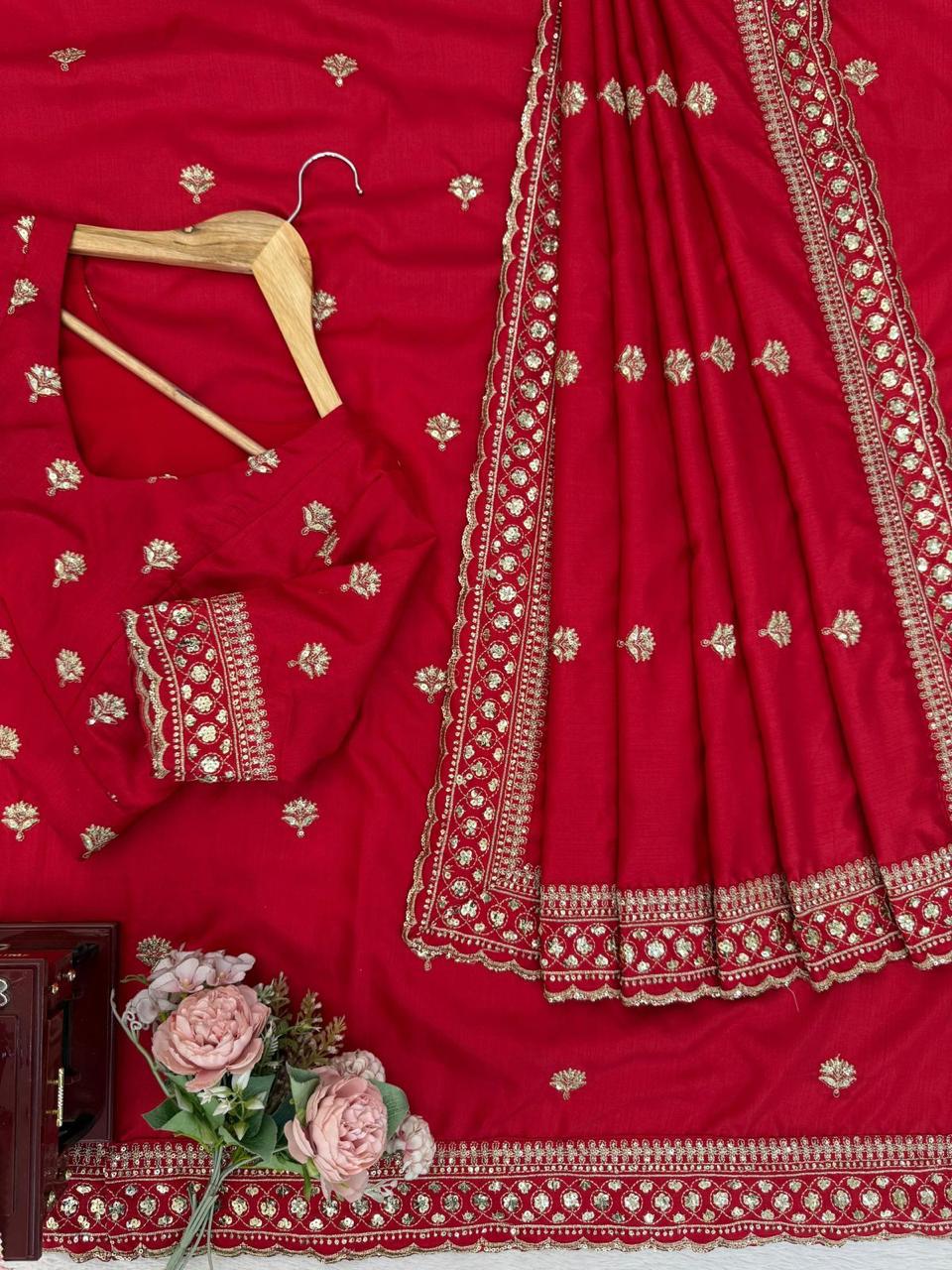 Red Jalpari Silk Saree with thread and Sequin Work