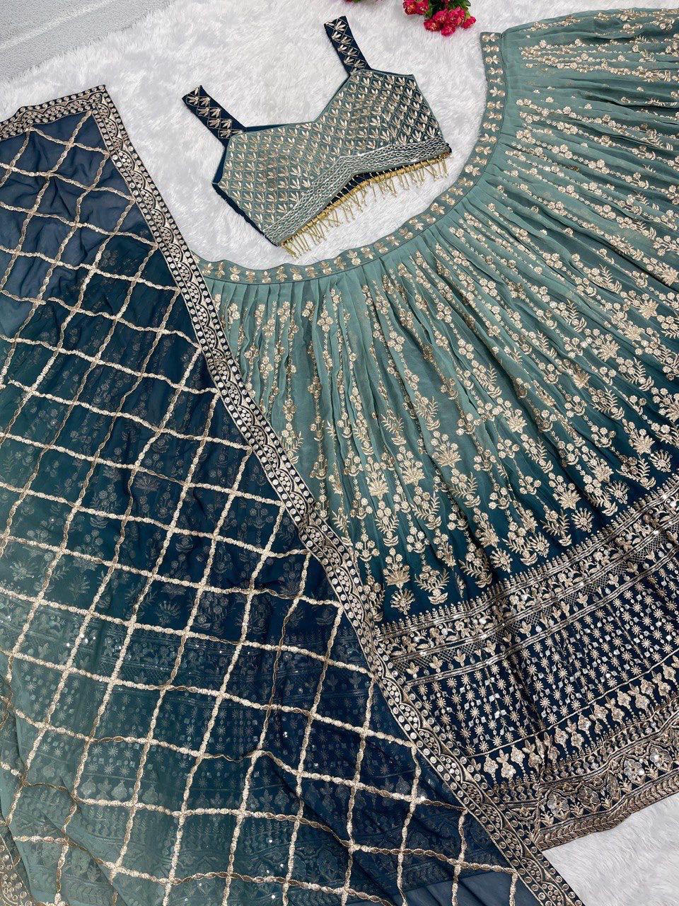 Designer Teal Blue Bridal Faux Georgette Lehenga Choli Set with Heavy Embroidery