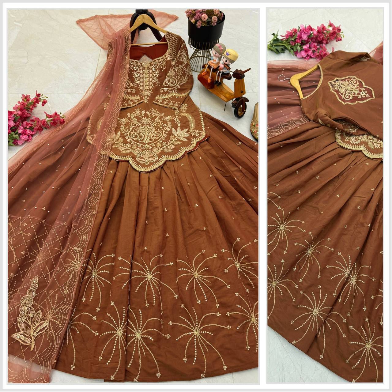 Brown Simmer Silk Embroidery Detailing Lehenga