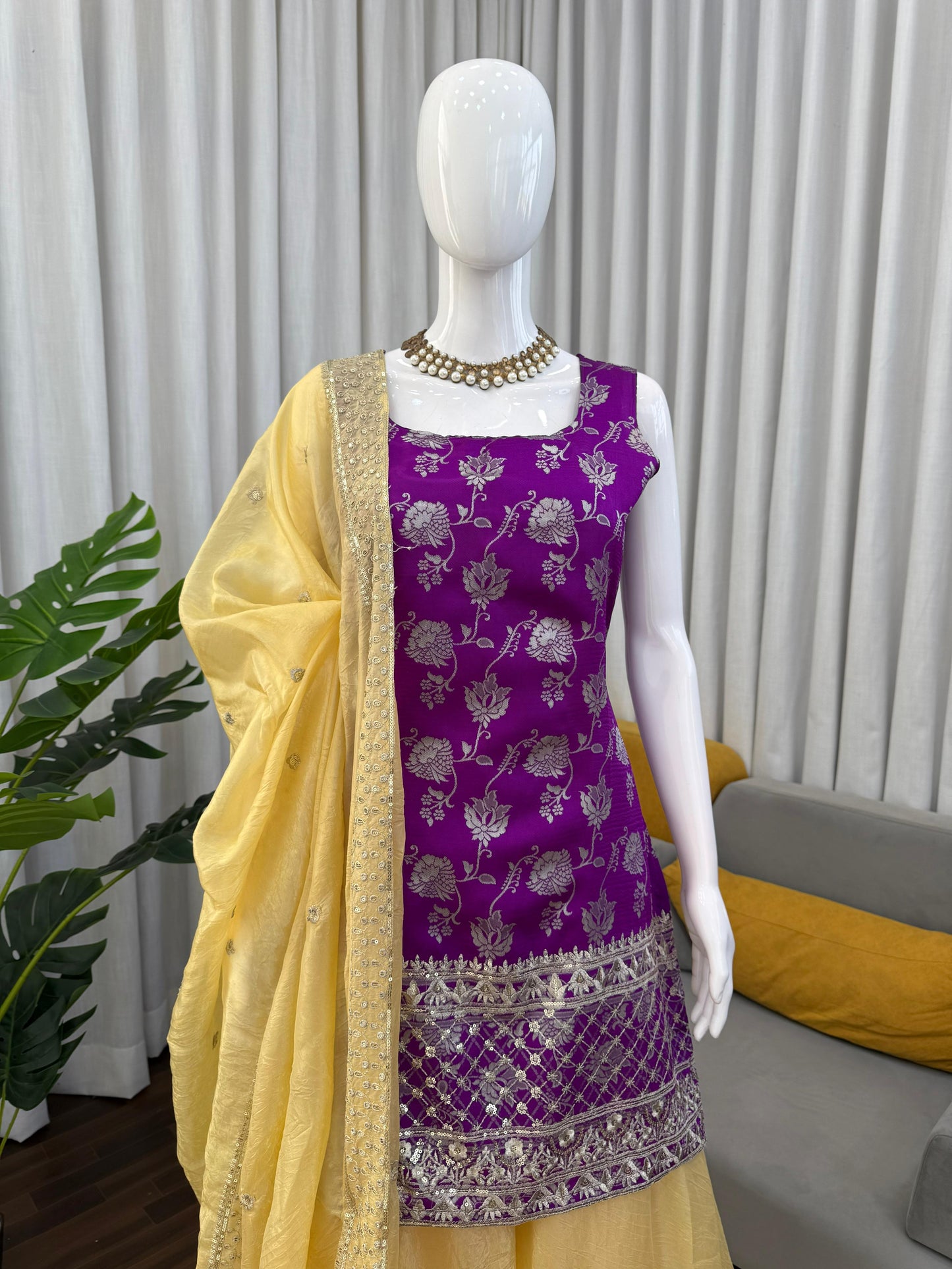 Purple Jequard Suit with Golden Palazzo Pants