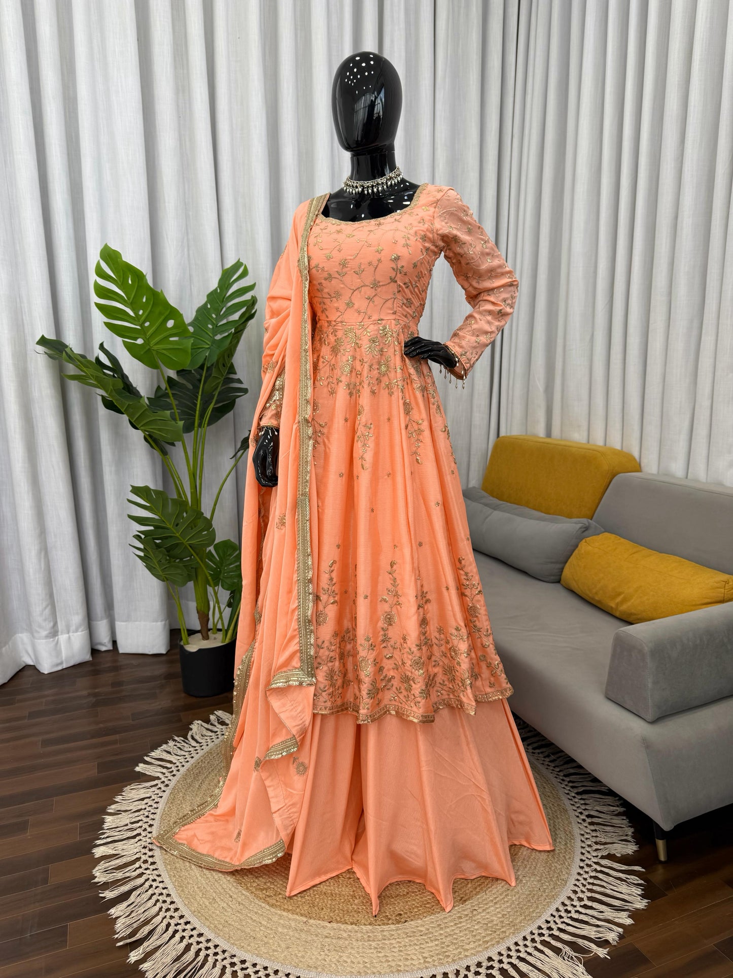 Peach Chinon Gown with Skirt
