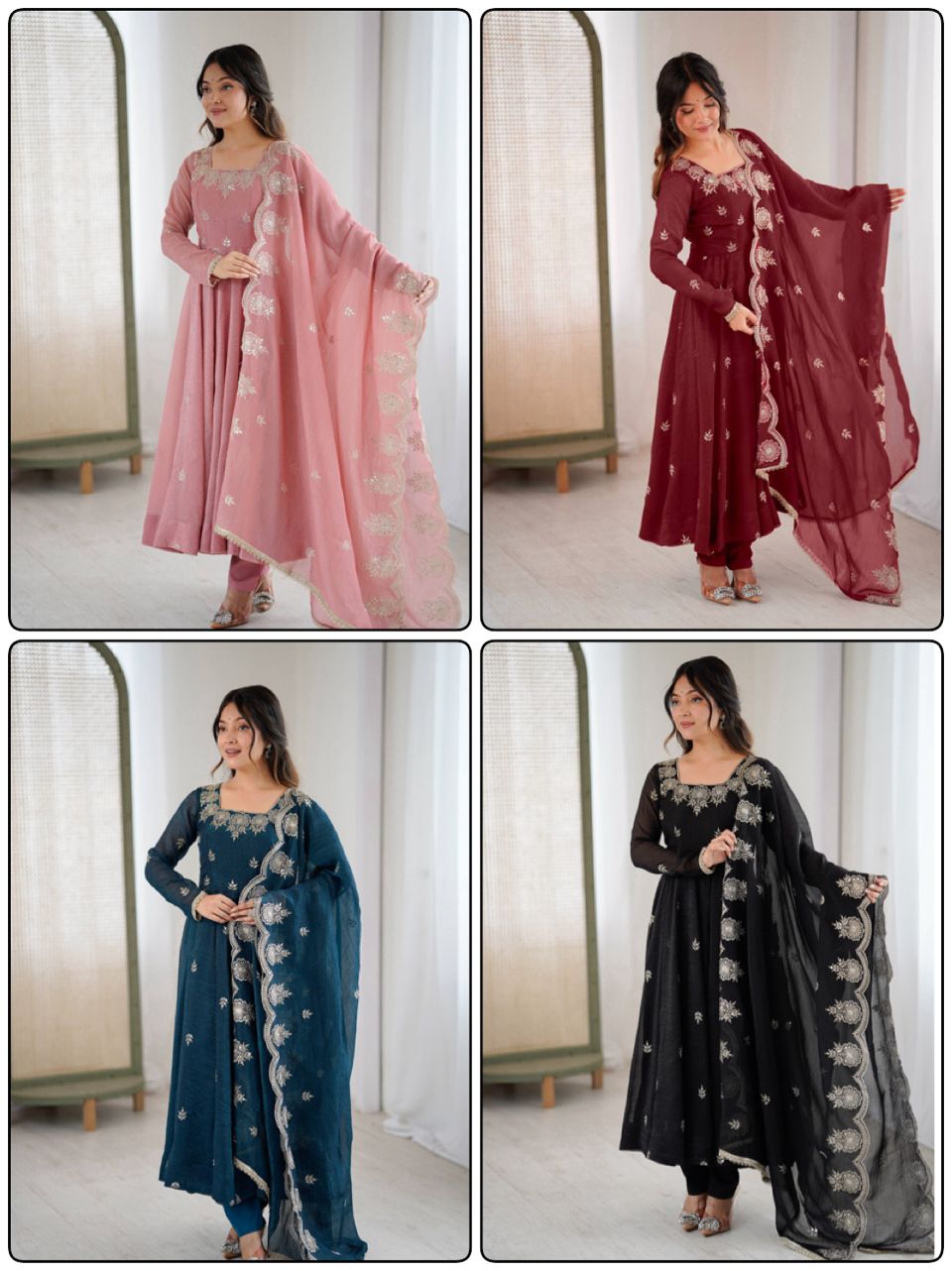 Crunchy Silk Embroidery Sequin Gown with Pants