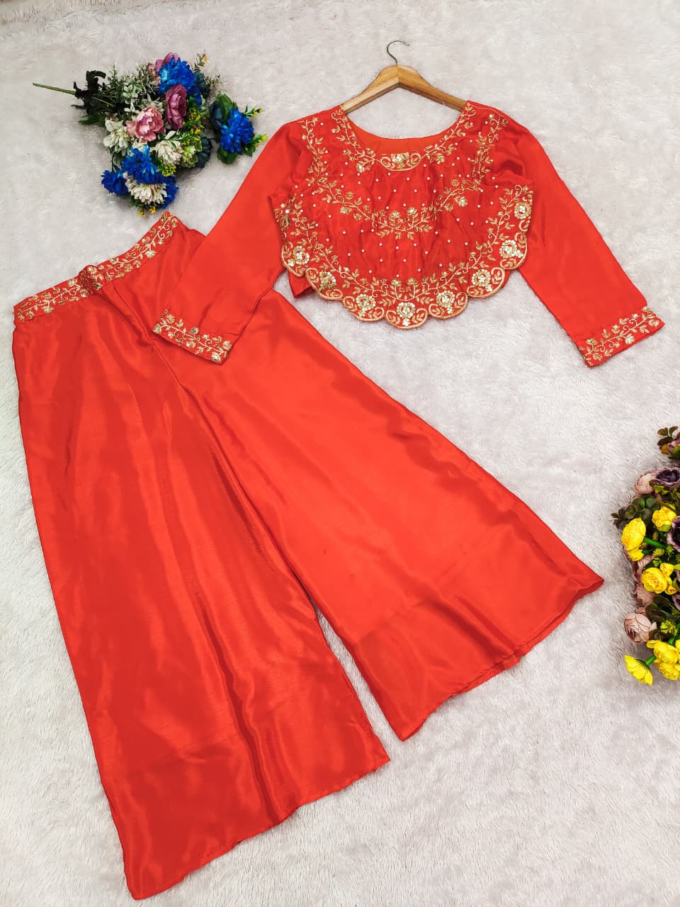 Chinon Silk Crop Top with Palazzo Pants