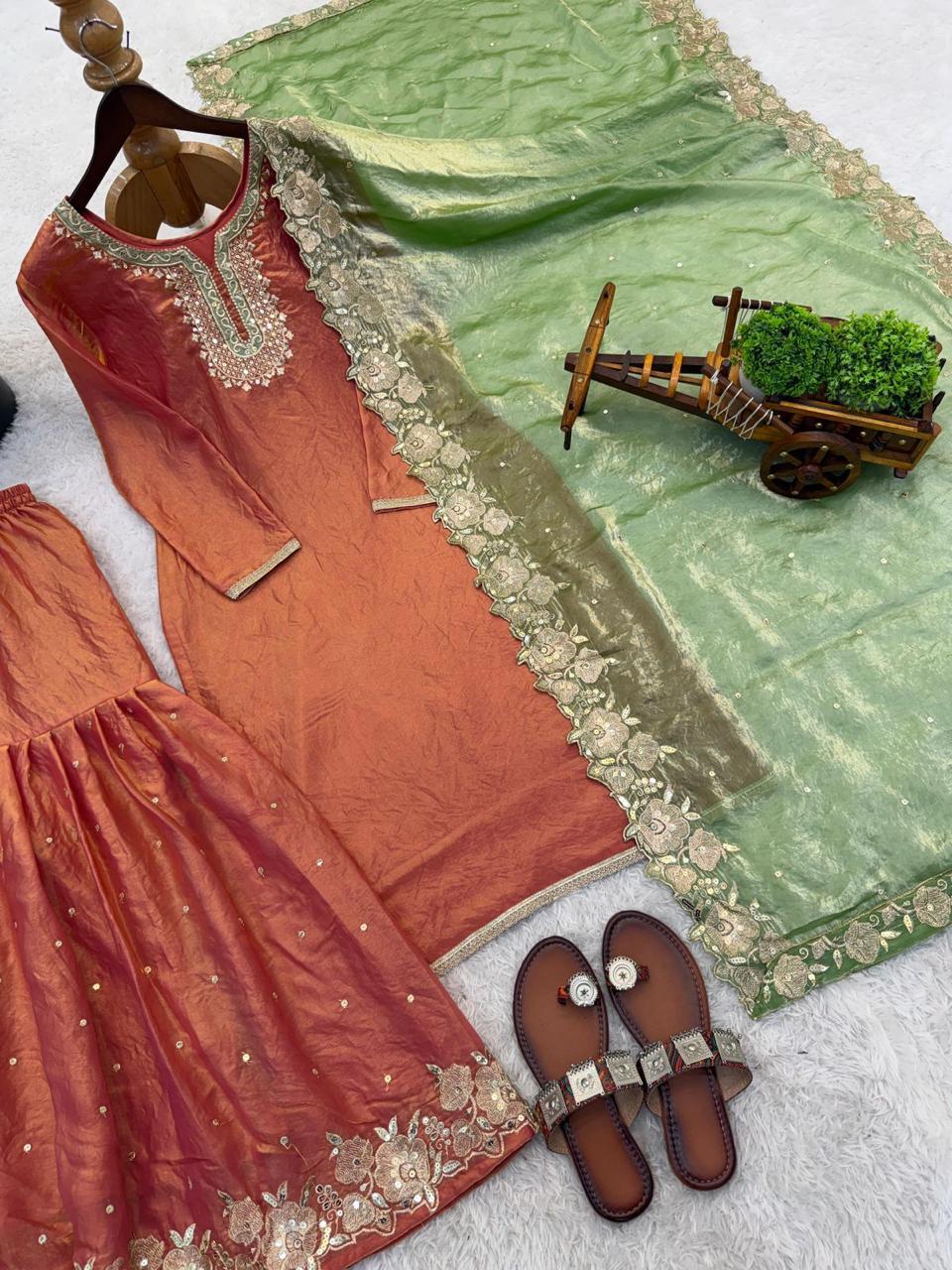 Fendy silk Palazzo Suit with graceful embroidery and sequin detailing
