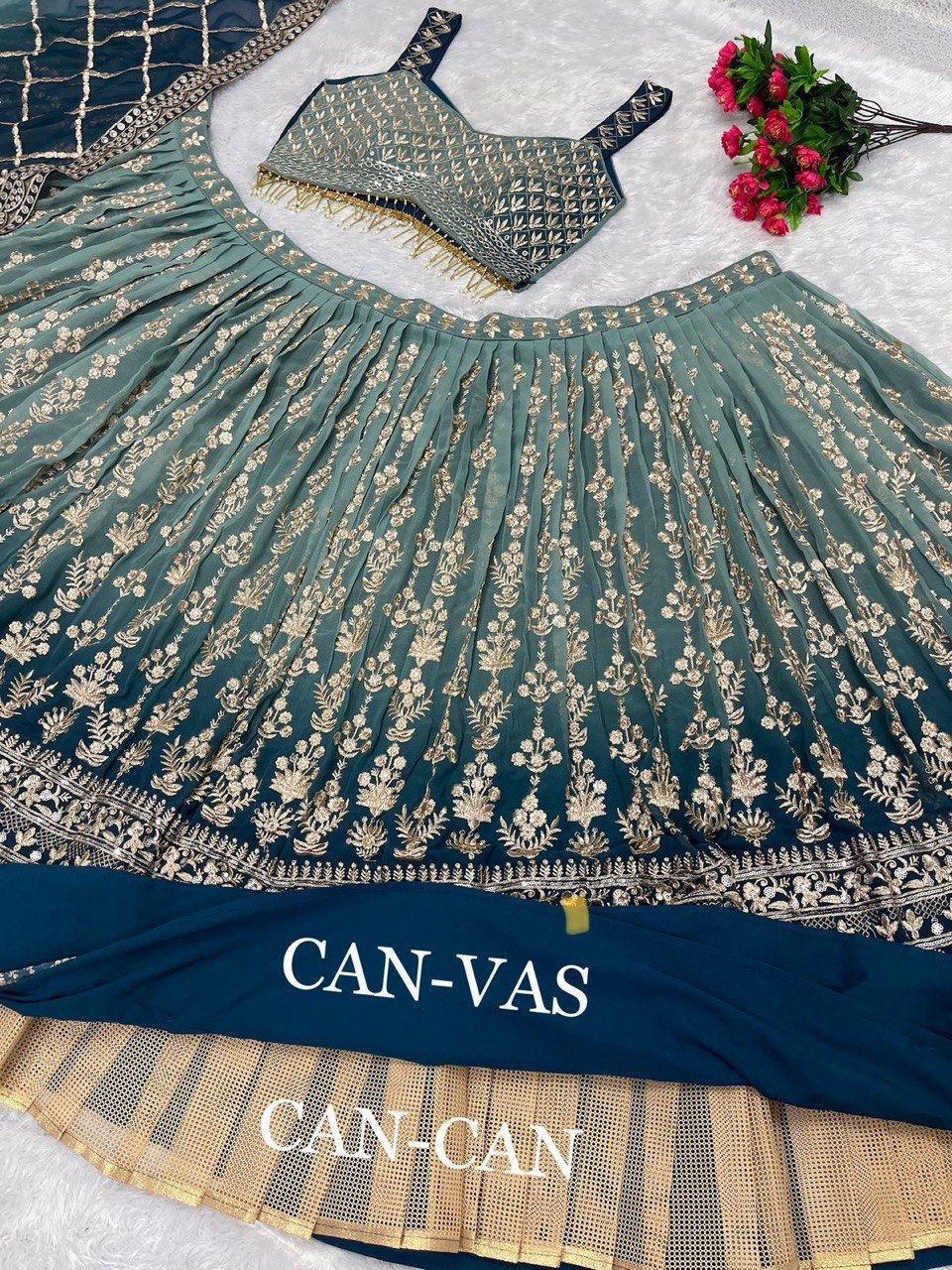 Designer Teal Blue Bridal Faux Georgette Lehenga Choli Set with Heavy Embroidery