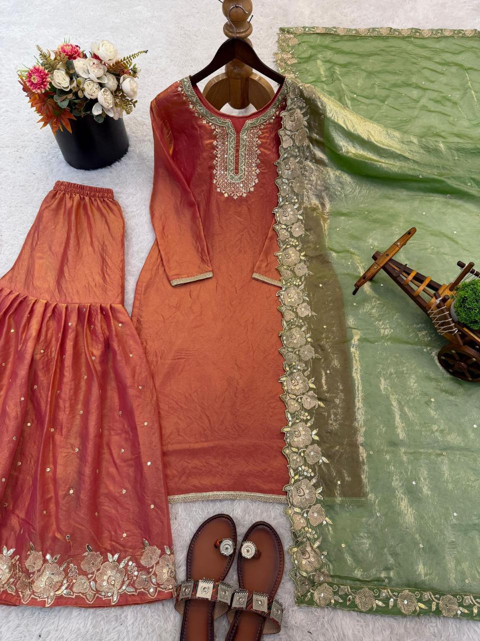 Fendy silk Palazzo Suit with graceful embroidery and sequin detailing