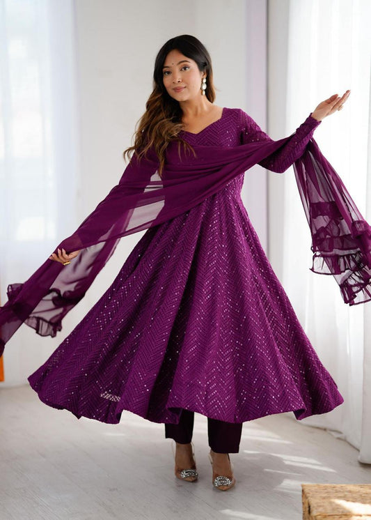 Lucknowi work Fully Flare Kali Pattern Anarkali with Pant & Dupatta Set