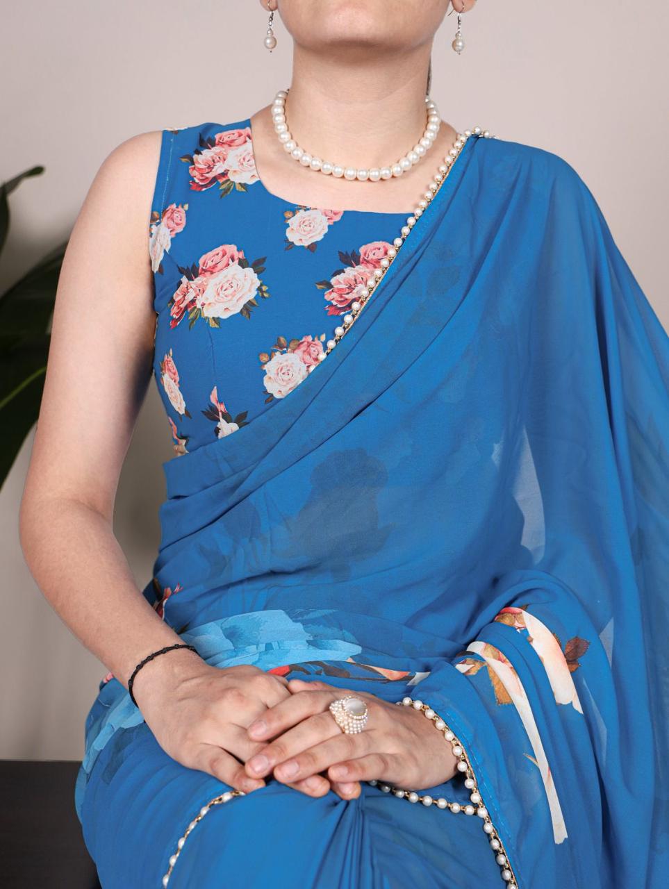 Elegant Georgette Printed Saree with Pearl Lace Border